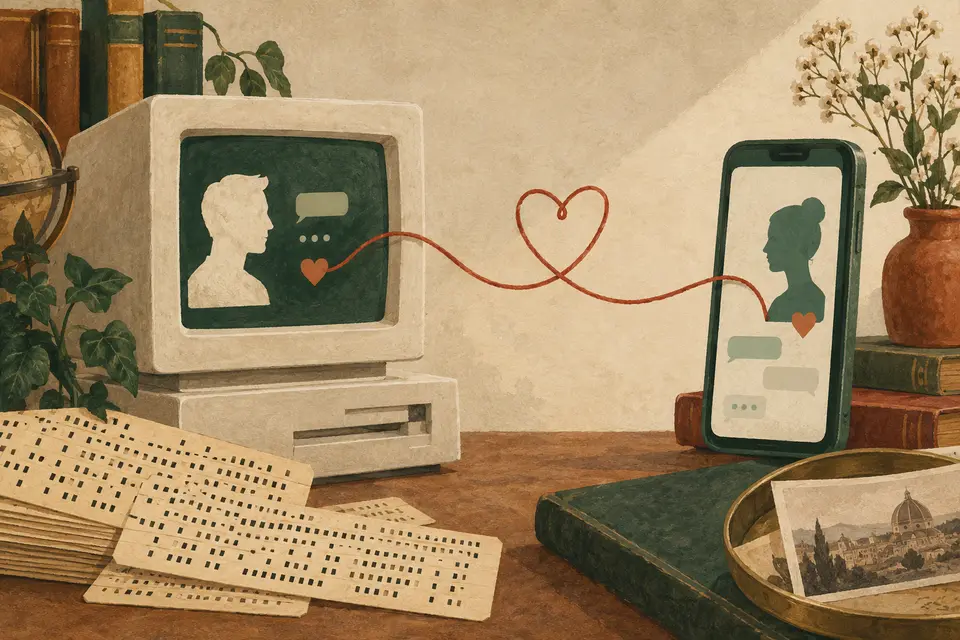 Ilustración de una computadora, tarjetas perforadas y un celular unidos por un hilo rojo en forma de corazón