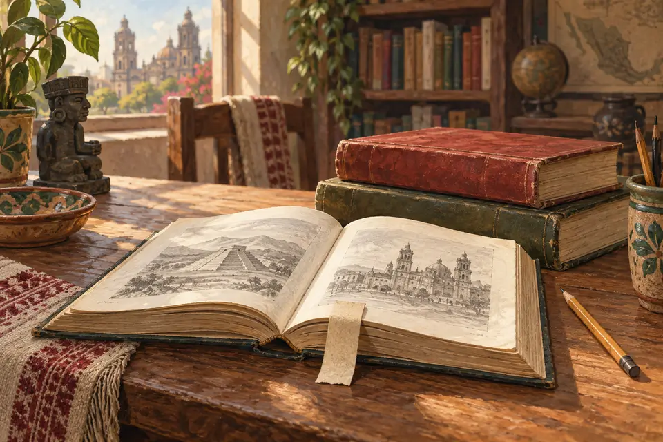 Ilustración de un libro abierto junto a una ventana y varios volúmenes